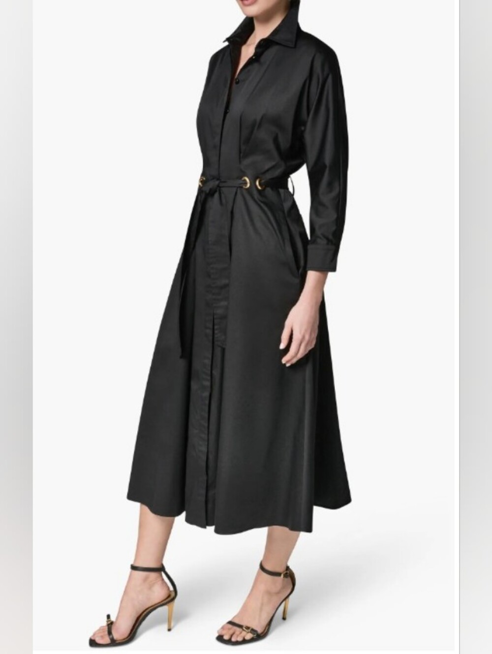 Donna Karan Drawstring Waist Stretch Cotton Black Midi Shirtdress Size 6 NWOT - Picture 2 of 12